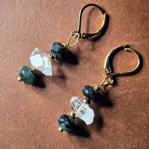 Natural Brilliance Raw & Genuine Herkimer Diamonds & Emerald In Gold Earrings